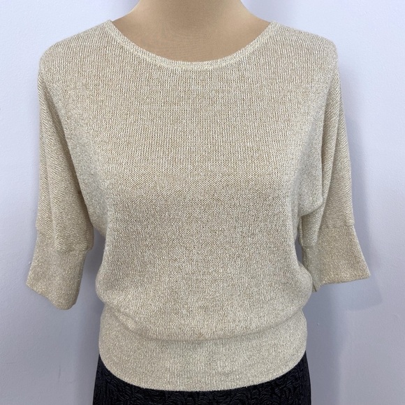 BCX Tie Back Iridescent Champagne 3/4 Sleeves Knit Sweater Top Size S - Picture 3 of 13